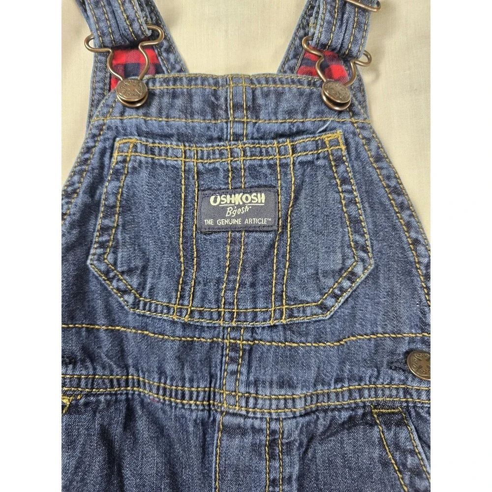 OshKosh B'gosh Overalls Baby Boys 9M‎ Blue Denim Vestbak Lined Plaid Snaps